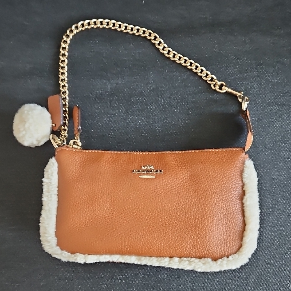 Coach Tan Leather Clutch with Gold Chain and Cream Trim
